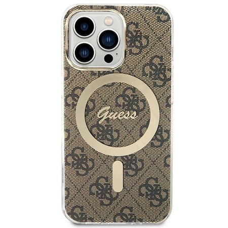 Guess Bundle Pack MagSafe 4G - Zestaw etui + ładowarka MagSafe iPhone 13 Pro (brązowy/złoty) (GUBPP13LH4EACSW)