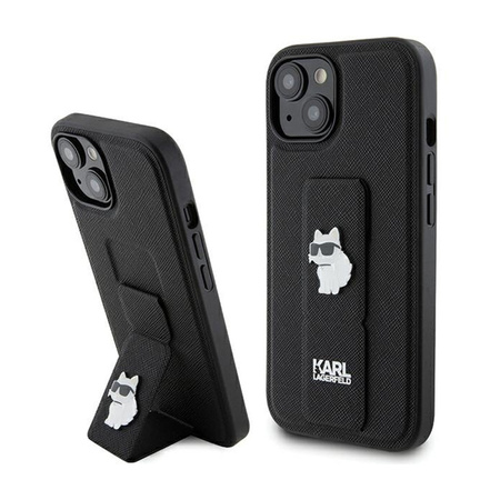 Karl Lagerfeld Gripstand Saffiano Choupette Pins - Etui iPhone 15 Plus (czarny) (KLHCP15MGSACHPK)