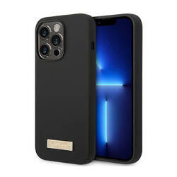 Guess Silicone Logo Plate MagSafe - Etui iPhone 14 Pro (czarny) (GUHMP14LSBPLK)