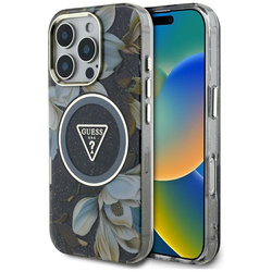 Guess Glitter Flowers Triangle Buttons MagSafe - Etui do iPhone 16 Pro (czarny) (GUHMP16LHFLPEDK)