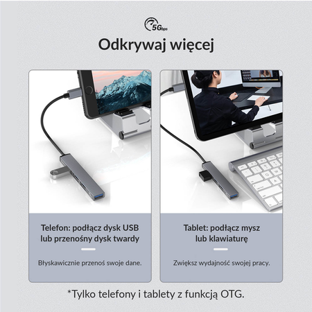 Orico Hub USB-C, USB-A 5Gbps, 3*USB-A 2.0, aluminiowy (AH-13-GY-EP-HW)