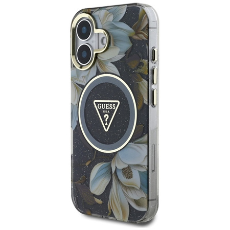 Guess Glitter Flowers Triangle Buttons MagSafe - Etui do iPhone 16 (czarny) (GUHMP16SHFLPEDK)