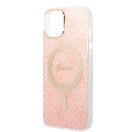 Guess Bundle Pack MagSafe 4G - Zestaw etui + ładowarka MagSafe iPhone 14 Plus (różowy/złoty) (GUBPP14MH4EACSP)