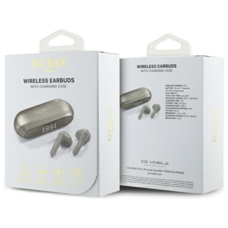 Guess Elongated Metalic Printed Logo - Słuchawki Bluetooth TWS + etui ładujące (złoty) (GUTWSC2MCDSD)