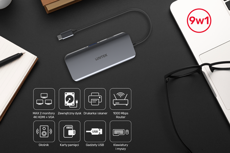 Unitek Hub USB-C 3xUSB 3.1 PD HDMI SD VGA RJ45 (D1026B)