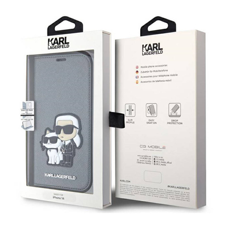 Karl Lagerfeld Booktype NFT Saffiano Karl & Choupette - Etui iPhone 14 (Srebrny) (KLBKP14SSANKCPG)