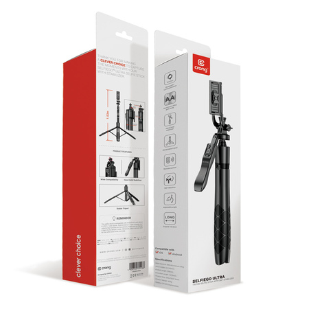 Crong SelfieGo Ultra – Aluminiowy selfie stick Bluetooth tripod (czarny) (CRGSGU1BLK)