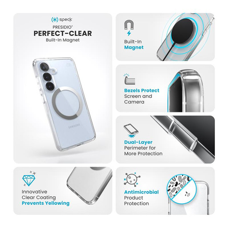 Speck Presidio Perfect-Clear Magnet - Etui Samsung Galaxy S25 / S24 MagSafe (Clear / Chrome Finish / Serene Silver) (150873-3199)