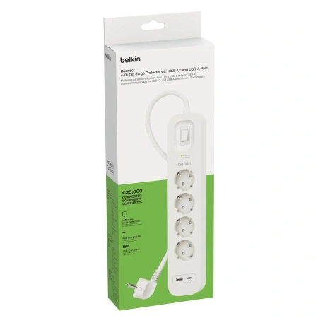 Belkin Listwa zasilająca przeciwprzepięciowa 525J, 4 gniazda Schuko, USB-A, USB-C PD, 2m (SRB001VF2M-V2)