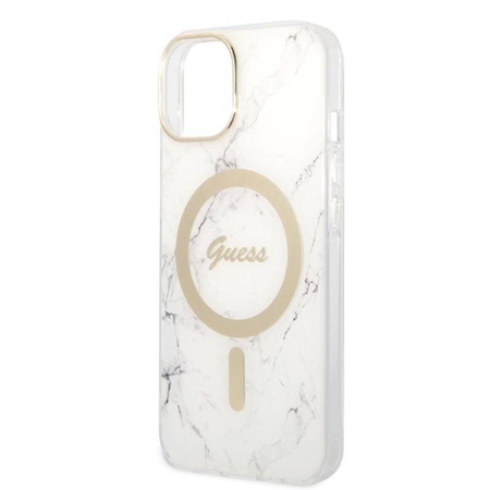 Guess Bundle Pack MagSafe IML Marble - Zestaw etui + ładowarka MagSafe iPhone 14 Plus (biały/złoty) (GUBPP14MHMEACSH)