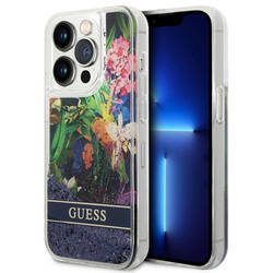 Guess Liquid Glitter Flower - Etui iPhone 14 Pro Max (niebieski) (GUHCP14XLFLSB)