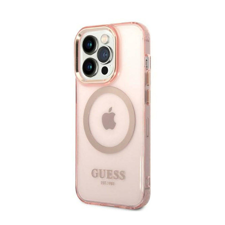 Guess Gold Outline Translucent MagSafe - Etui iPhone 14 Pro (różowy) (GUHMP14LHTCMP)