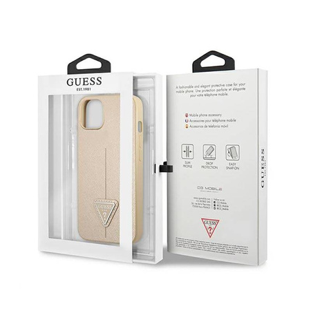 Guess Saffiano Triangle Logo Case – Etui iPhone 13 mini (beżowy) (GUHCP13SPSATLE)