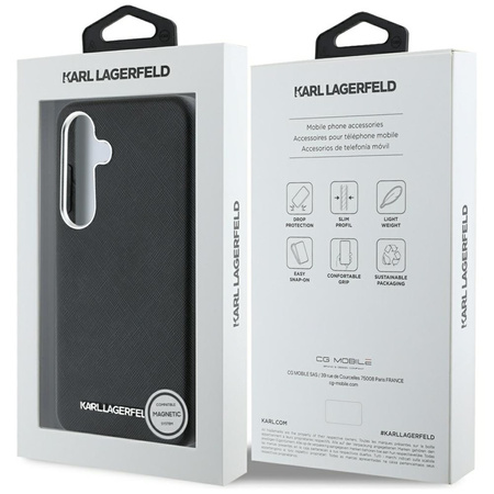 Karl Lagerfeld Saffiano Full Wrapped Elongated Metal Logo MagSafe - Etui do Samsung Galaxy S25 (czarny) (KLHMS25SPSAFWMCK)