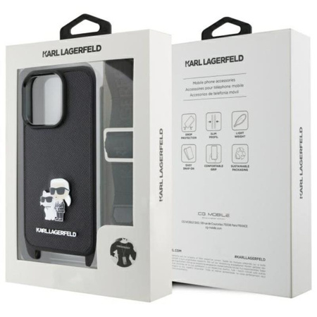 Karl Lagerfeld Saffiano Karl & Choupette Metal Pin CBDY Strap - Etui iPhone 16 Pro (czarny) (KLHCP16LSAKCPBK)