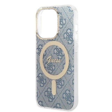 Guess Bundle Pack MagSafe 4G - Zestaw etui + ładowarka MagSafe iPhone 14 Pro (niebieski/złoty) (GUBPP14LH4EACSB)