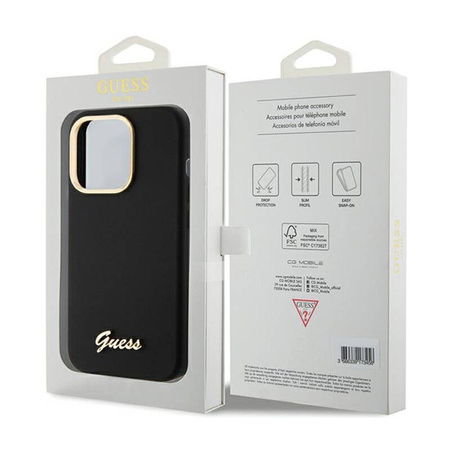 Guess Silicone Script Metal Logo & Frame - Etui iPhone 15 Pro Max (czarny) (GUHCP15XSMBSLK)