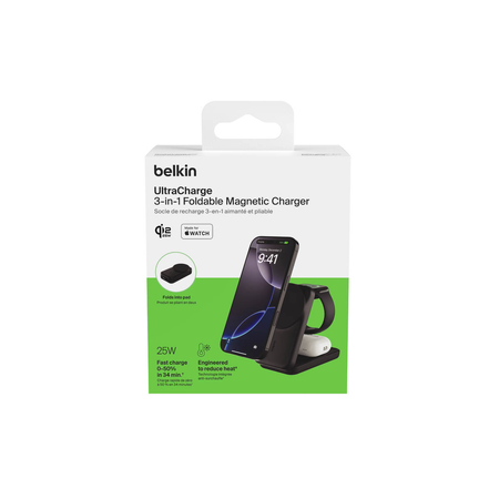 Belkin Ładowarka magnetyczna Qi2 25W, 3w1, składana, zasilacz 45W, czarna (WIZ036KQBK)