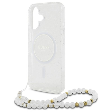 Guess IML Glitter With Pearl Strap MagSafe - Etui iPhone 16 Plus (przezroczysty) (GUHMP16MHGCRELST)