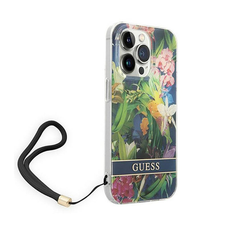 Guess Flower Cord - Etui ze smyczką iPhone 14 Pro (niebieski) (GUOHCP14LHFLSB)