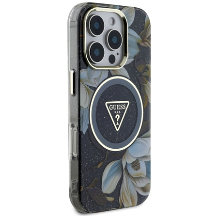 Guess Glitter Flowers Triangle Buttons MagSafe - Etui do iPhone 16 Pro (czarny) (GUHMP16LHFLPEDK)