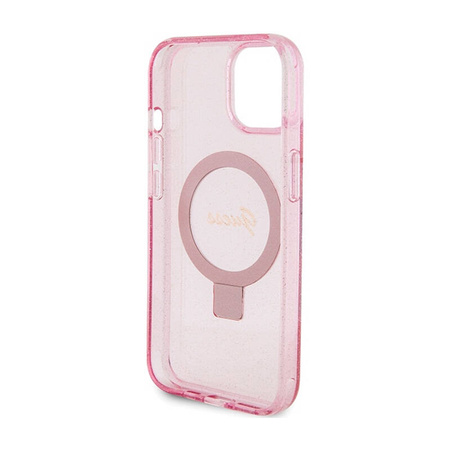 Guess Ring Stand Script Glitter MagSafe - Etui iPhone 15 Plus (różowy) (GUHMP15MHRSGSP)