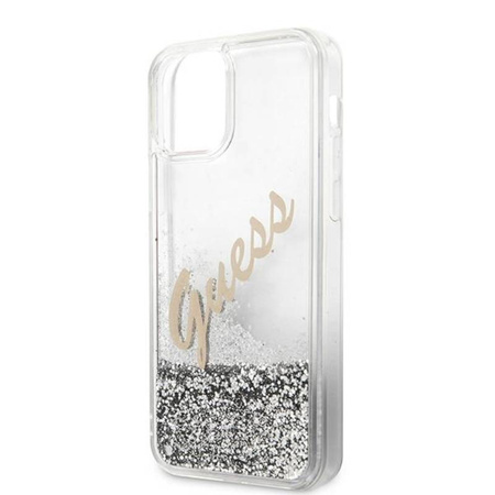 Guess Glitter Vintage Script - Etui iPhone 12 Pro Max (srebrny) (GUHCP12LGLVSSI)
