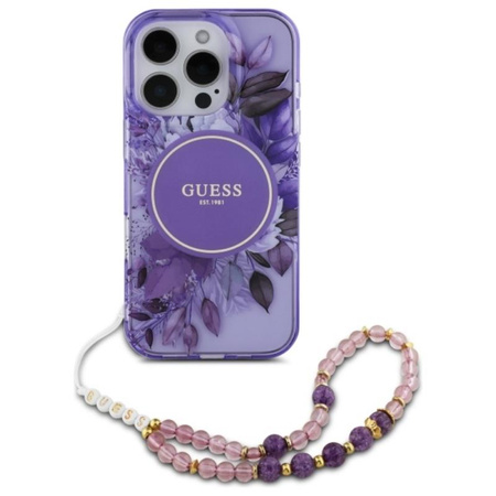 Guess IML Flowers With Pearl Strap MagSafe - Etui iPhone 16 Pro Max (fioletowy) (GUHMP16XHFWBRCESU)