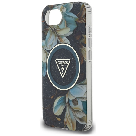 Guess IML Metal Glitter Flowers Triangle MagSafe - Etui do iPhone 16e (czarny) (GUHMPSE4HFLPEDK)