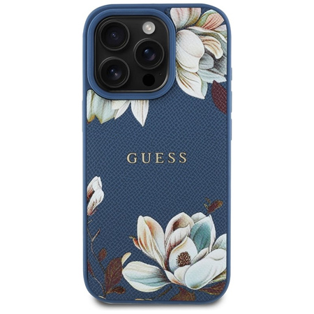 Guess Grained Printed Flower Pattern MagSafe - Etui do iPhone 16 Pro Max (niebieski) (GUHMP16XPGNMPLMB)