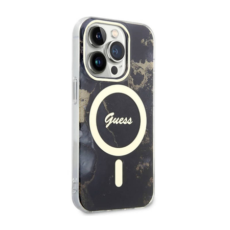 Guess Golden Marble MagSafe - Etui iPhone 14 Pro Max (Czarny) (GUHMP14XHTMRSK)