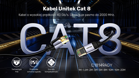 Unitek kabel Ethernet RJ-45 LAN, patchcord cat.8 (S/FTP), przewód sieciowy 8m (C18149AGY03-8M)