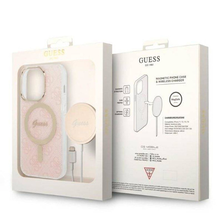 Guess Bundle Pack MagSafe 4G - Zestaw etui + ładowarka MagSafe iPhone 14 Pro (różowy/złoty) (GUBPP14LH4EACSP)