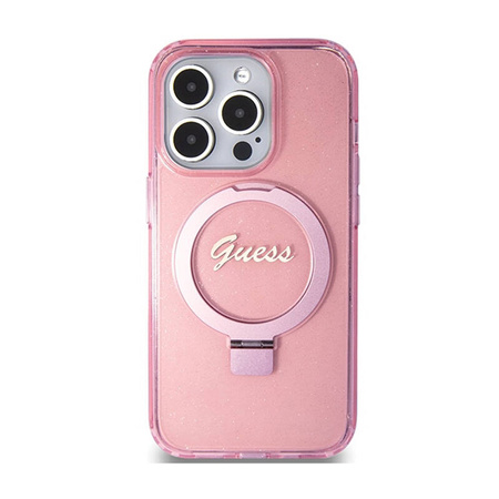 Guess Ring Stand Script Glitter MagSafe - Etui iPhone 15 Pro (różowy) (GUHMP15LHRSGSP)