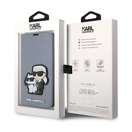 Karl Lagerfeld Booktype NFT Saffiano Karl & Choupette - Etui iPhone 14 Pro (Srebrny) (KLBKP14LSANKCPG)