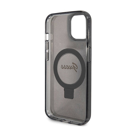 Guess Ring Stand Script Glitter MagSafe - Etui iPhone 15 Plus (czarny) (GUHMP15MHRSGSK)