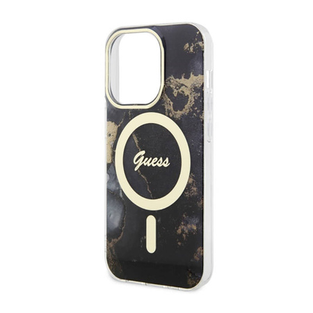 Guess Golden Marble MagSafe - Etui iPhone 14 Pro Max (Czarny) (GUHMP14XHTMRSK)