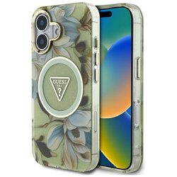 Guess Glitter Flowers Triangle Buttons MagSafe - Etui do iPhone 16 zielony (GUHMP16SHFLPEDN)