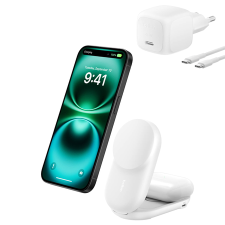 Belkin Ładowarka magnetyczna Qi2 25 W, składana 2w1, zasilacz 45W, biała (WIZ039KQWH)