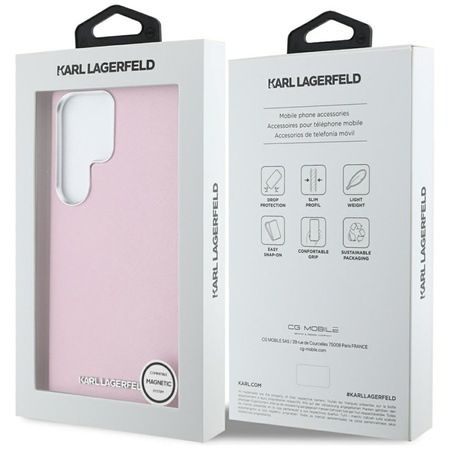 Karl Lagerfeld Saffiano Full Wrapped Elongated Metal Logo MagSafe - Etui do Samsung Galaxy S25 Ultra (różowy) (KLHMS25LPSAFWMCP)