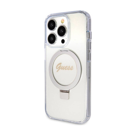 Guess Ring Stand Script Glitter MagSafe - Etui iPhone 15 Pro (przezroczysty) (GUHMP15LHRSGSD)