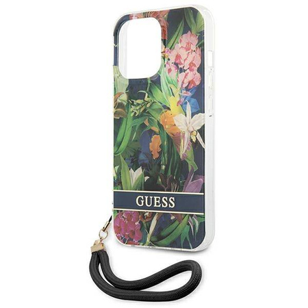 Guess Flower Cord - Etui ze smyczką iPhone 13 Pro Max (Blue) (GUHCP13XHFLSB)