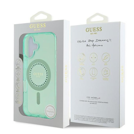 Guess IML Rhinestones MagSafe - Etui iPhone 16 (zielony) (GUHMP16SPFTDTEN)