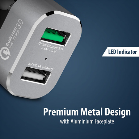 Crong Power Car Charger 30W - Ładowarka samochodowa USB QuickCharge 3.0 + USB 2.4A (aluminium) (CRG-PWRC-USB30-ALU)