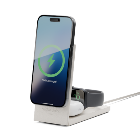 Native Union Rise 3-in-1 INT Qi2 Wireless Charger - bezprzewodowa ładowarka Qi2 15W do trzech urządzeń kompatybilna z MagSafe, adapter oraz wtyczki EU i UK w zestawie (sandstone) (RS-3IN1-SAN-INT)