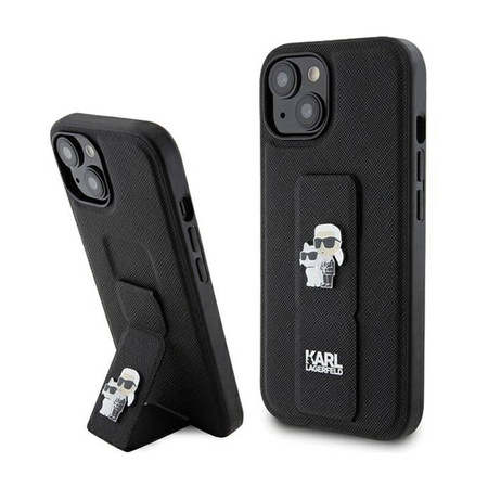Karl Lagerfeld Gripstand Saffiano Karl & Choupette Pins - Etui iPhone 15 Plus (czarny) (KLHCP15MGSAKCPK)