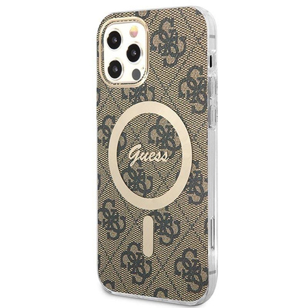 Guess Bundle Pack MagSafe 4G - Zestaw etui + ładowarka MagSafe iPhone 12 / iPhone 12 Pro (brązowy/złoty) (GUBPP12MH4EACSW)