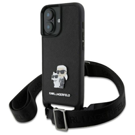 Karl Lagerfeld Saffiano Karl & Choupette Metal Pin CBDY Strap - Etui iPhone 16 (czarny) (KLHCP16SSAKCPBK)