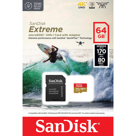 SanDisk Extreme microSDXC - Karta pamięci 64 GB A2 V30 UHS-I U3 170/80 MB/s z adapterem (SDSQXAH-064G-GN6AA)