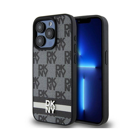 DKNY Leather Checkered Mono Pattern & Printed Stripes - Etui iPhone 15 Pro Max (czarny) (DKHCP15XPCPTSSK)